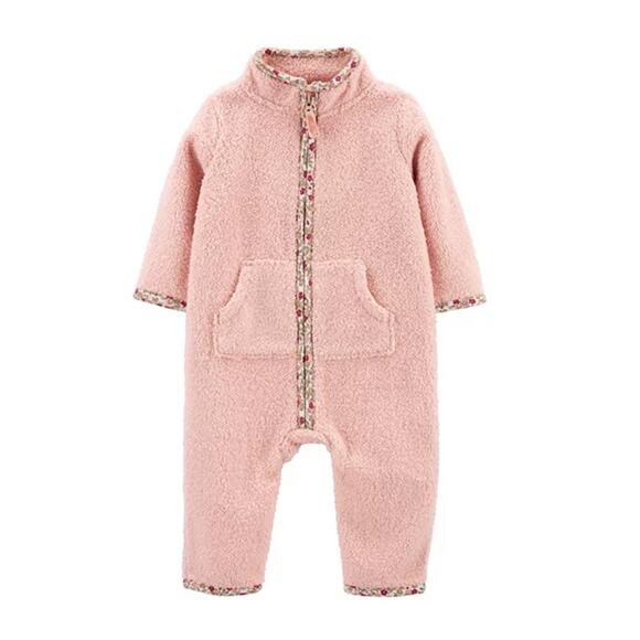 NWT Carter's Baby Girl Pink W/ Floral TrimZip-Up Sherpa Jumpsuit - SIZE 6M - Picture 1 of 10